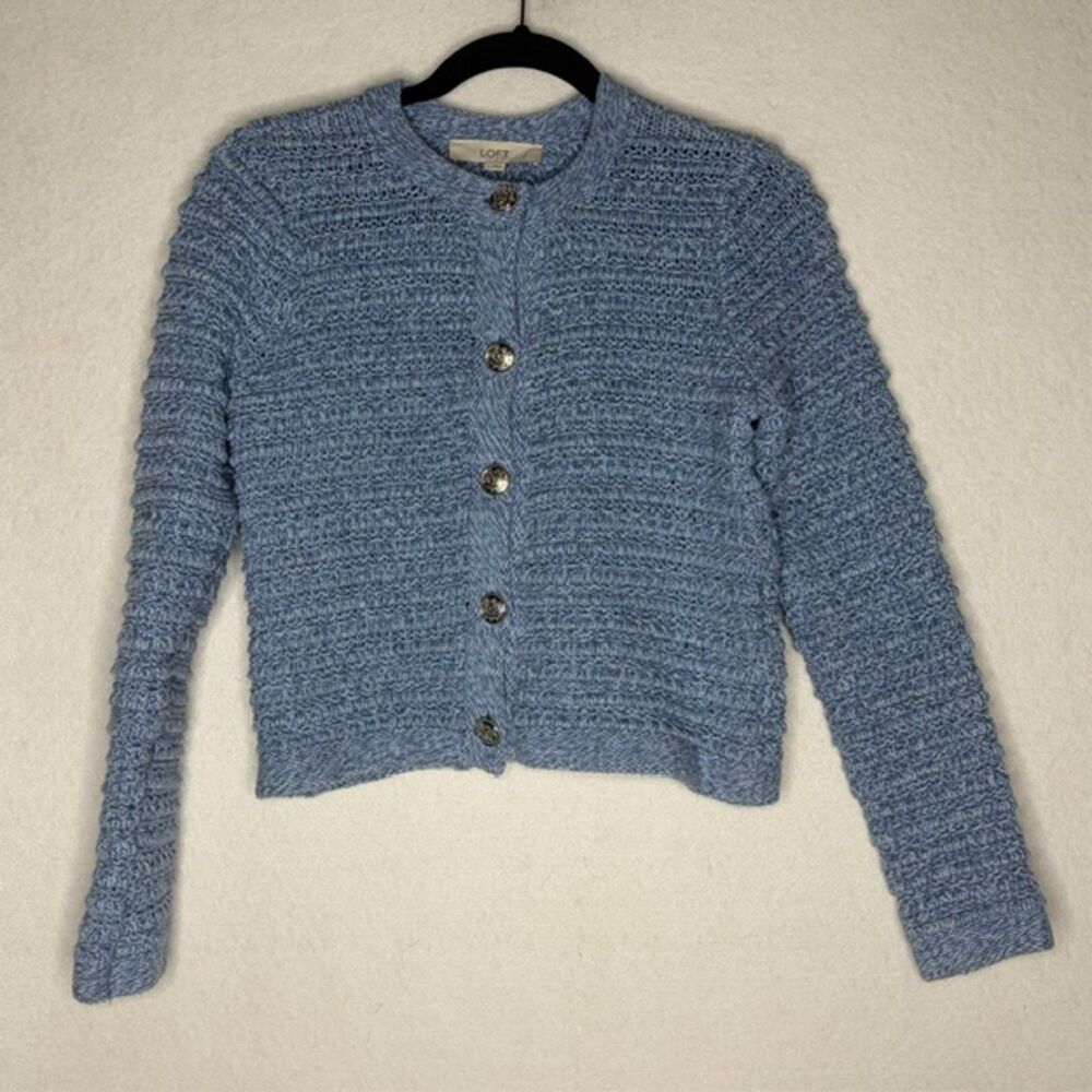 LOFT Blue Textured Button Front Cropped Cardigan Sweater Size Small